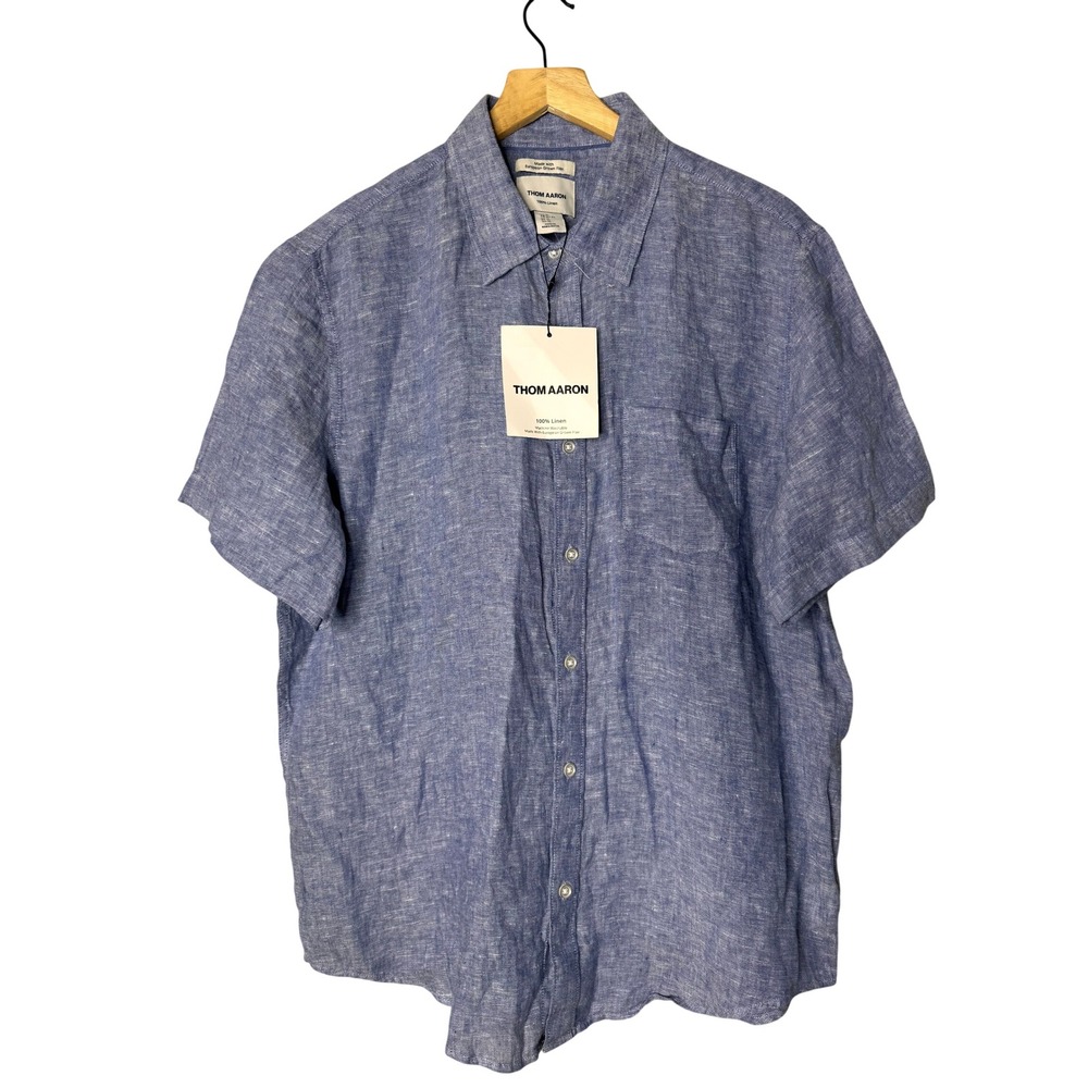 Thom Aaron Mens XL Blue 100% Linen Short Sleeve Button Down Shirt NWT